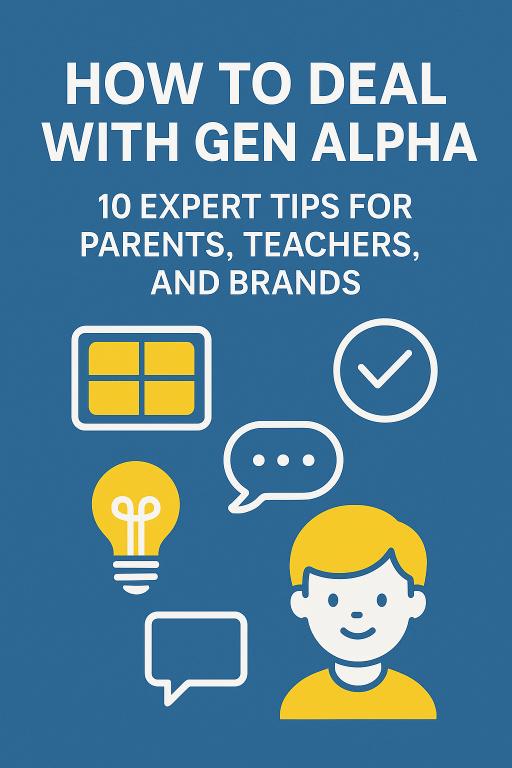 How to Deal with Gen Alpha: 10 Expert Tips for Parents, Teachers, and Brands,” showing icons of a Gen Alpha child, speech bubbles, lightbulb, and checkmark on a blue background to represent communication, digital learning, and parenting strategies.